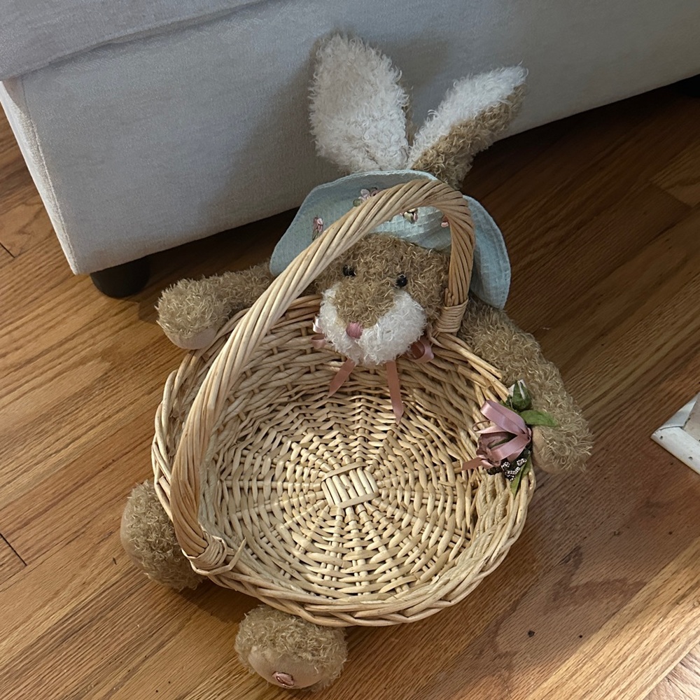 Vintage Wicker Bunny Basket with Pink Accents